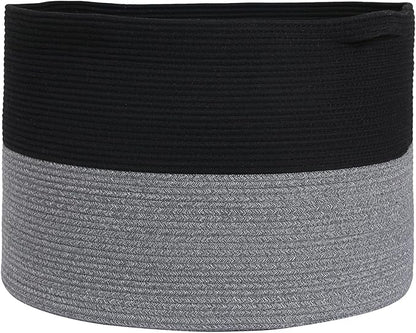 24" x 24" x 17" Max Size Large Cotton Rope Basket, Extra Large Storage Basket, Woven Laundry Hamper, Cloth Storage Bin, for Blankets Clothes Towels Pillows in Living Room, Black/Grey Mix