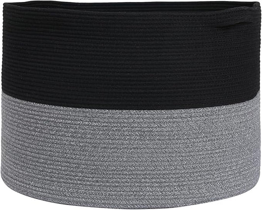 24" x 24" x 17" Max Size Large Cotton Rope Basket, Extra Large Storage Basket, Woven Laundry Hamper, Cloth Storage Bin, for Blankets Clothes Towels Pillows in Living Room, Black/Grey Mix