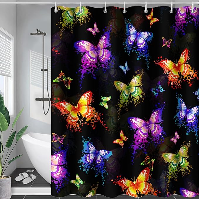 AILONEN Butterfly Shower Curtain for Bathroom, Colorful Butterfly Polyester Waterproof Bath Curtain,Modern Fashion Minimalist Shower Curtain with 12 Plastic Hooks,Black 36" W*72" H