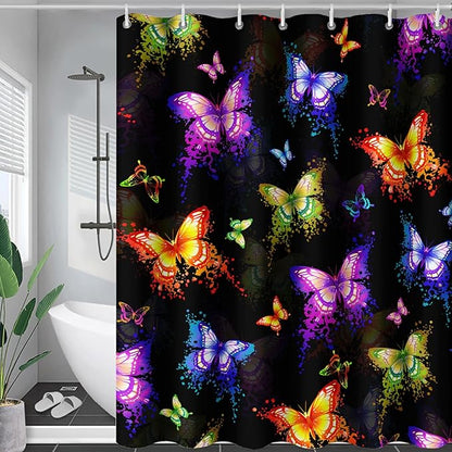 AILONEN Butterfly Shower Curtain for Bathroom, Colorful Butterfly Polyester Waterproof Bath Curtain,Modern Fashion Minimalist Shower Curtain with 12 Plastic Hooks,Black 36" W*72" H