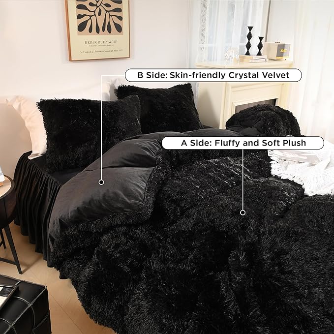 Litanika Black Fluffy Comforter King Size, Luxury Plush Faux Fur Bedding Set for King Bed, Ultra Soft Warm Velvet Fuzzy Comforter 3 Pieces(1 Shaggy Comforter 104×90 Inch, 2 Pillowcases)