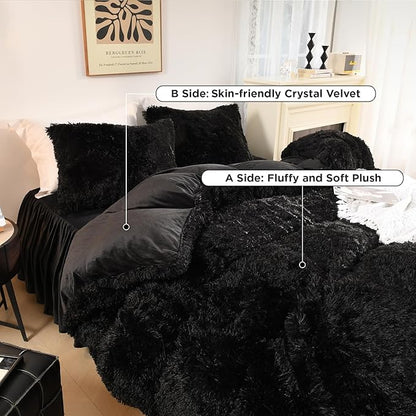 Litanika Black Fluffy Comforter King Size, Luxury Plush Faux Fur Bedding Set for King Bed, Ultra Soft Warm Velvet Fuzzy Comforter 3 Pieces(1 Shaggy Comforter 104×90 Inch, 2 Pillowcases)