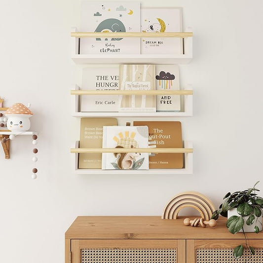 Decorative Nursery Bookshelves for Kids - Set of 3 Easy to Install Floating Shelves for Wall Mount - Beautiful Hanging Organizer Furniture for Your Baby Boy or Girl's Bedroom and Play Room Decor