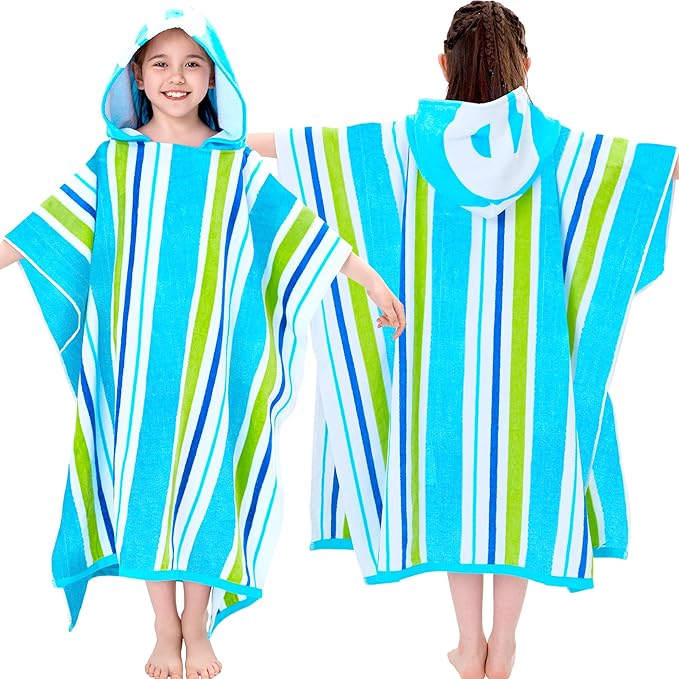 VOOVA & MOVAS Big Kids Towel Poncho with Hood (8-16Years), 100% Cotton Thick Poncho Towel Robe for Kids, Perfect for Pool, Beach, Bathroom, Blue Green Stripe