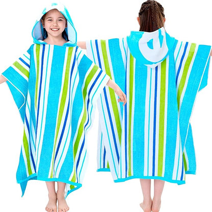 VOOVA & MOVAS Big Kids Towel Poncho with Hood (8-16Years), 100% Cotton Thick Poncho Towel Robe for Kids, Perfect for Pool, Beach, Bathroom, Blue Green Stripe