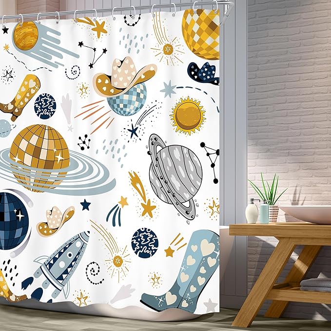 Kids Western Planet Shower Curtain 60Wx72L Inch Boy Disco Outer Space Retro Cool Cowgirl Cowboy Funny Galaxy Universe Wild West Bathroom Set Unique Bath Curtain Bathtub Accessories Home Decor