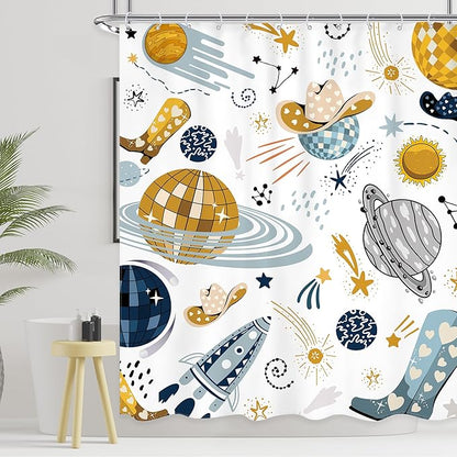 Kids Western Planet Shower Curtain 60Wx72L Inch Boy Disco Outer Space Retro Cool Cowgirl Cowboy Funny Galaxy Universe Wild West Bathroom Set Unique Bath Curtain Bathtub Accessories Home Decor