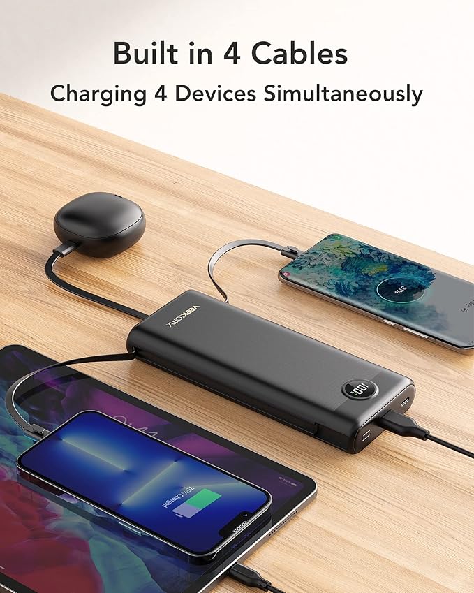 VEEKTOMX Power Bank 30000mAh, 22.5W Fast Charging Portable Charger built in cables, USB C Battery Pack, External Travel Battery Bank Compatible with iPhone, Samsung, Android Devices for Travel(1 Pack)