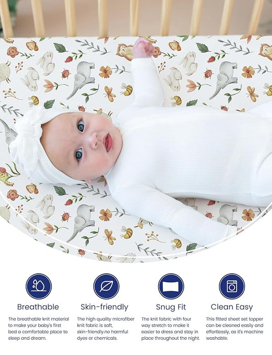 TotAha Crib Sheets for Boys Girls, Premium Soft Crib Mattress Fitted Sheet, Super Stretchy Jersey Knit Baby Sheets, Silky Comfort Baby Bed Sheets 28x52x9 Extra Deep Pocket, 2 Pack (Happy Zoo & Jungle)