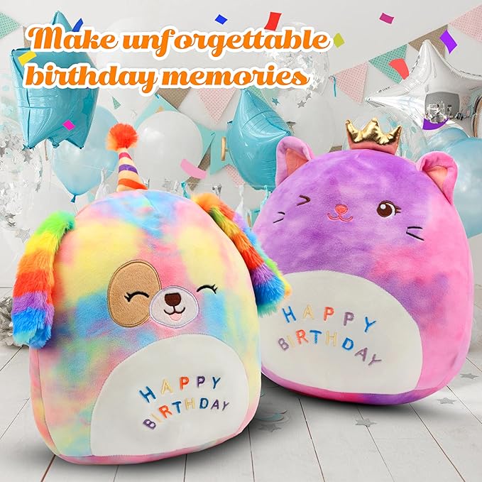 Easfan 12'' Original Rainbow Birthday Dog Plush Pillow Soft Puppy Plush Toy Cute Dog Stuffed Animal Birthday Gifts for Kids Toddlers