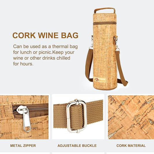 Insulated Wine Bag, Cork Single Bottle Wine Gift Bags, Cooler Carrier Tote Bag for Travel Party Beach Wedding Reusable & Recyclable