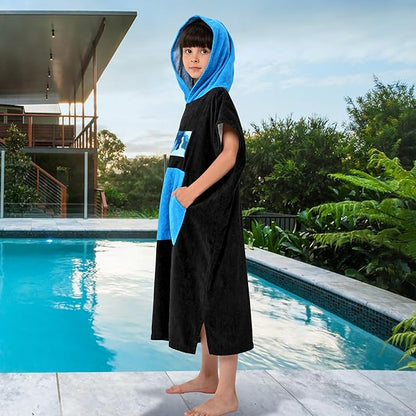 VOOVA & MOVAS Black Changing Robe for Teens,8-14Years，Thick 100% Cotton, Absorbent Hooded Towels for Girls｜Boys,Surf Poncho for Pool, Beach, Bath,Swim