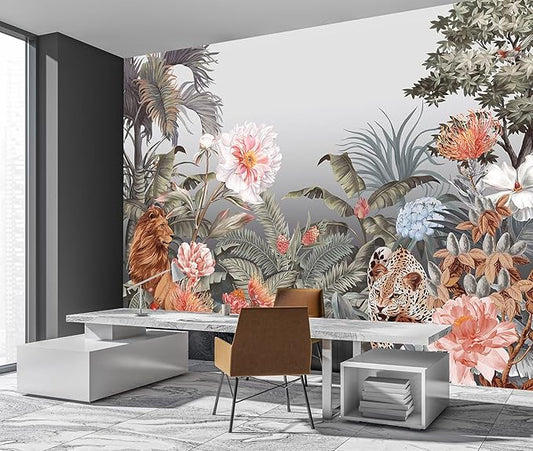 Gray Tropical Jungle Animals Kids Room Wallpaper (Not Peel and Stick)