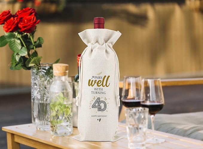 40th Birthday Wine Bag,Pairs Well With Turning 40 Happy Birthday,40th Gift Birthday Planning Gift,40th Gift Birthday Party,Birthday Decorations Wine Bag,Reusable Wine Bags With Drawstring,L15