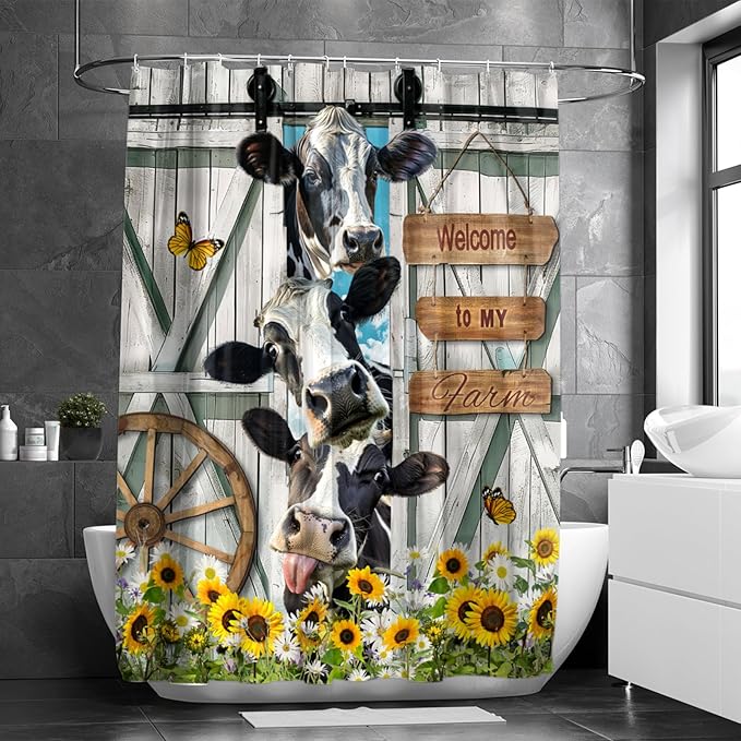 Farmhouse Cow Shower Curtain Funny Animal Butterfly Sunflower Cow Shower Curtains for Bathroom Decor Waterproof Polyester Fabric Western Barn Door Bathroom Curtain with Hooks 66x72 Inch