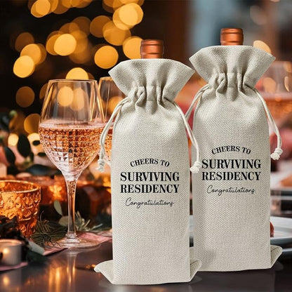 Surviving Residency Gifts Wine Bag For Students Friend Doctor Nurse Practitioner, Med School Farewell Graduation Party Decoration, Reusable Burlap Wine Bag, Cheers To Surviving Residency