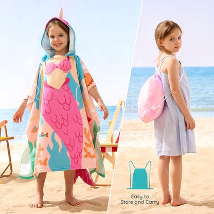 Joiedomi Kids Beach Towel - Mermaid Hooded Bath Towel - for Boys Girls 3-10 Years 30" x 30" - Toddler Soft Absorbent Swim Pool Towel- Quick Dry Microfiber Surf Poncho