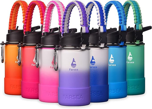 Farsea Insulated Water Bottle With Paracord Handle, Protective Silicone Boot and 2 Lids (Straw Lid & Spout Lid), Stainless Steel Water Bottle Wide Mouth, Double Wall Sweat-Proof BPA-Free,12 oz