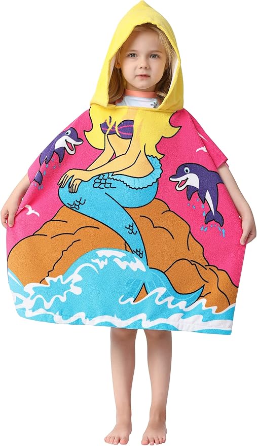 Lightweight Microfiber Hooded Beach Towel for Kids, Toddlers Bath/Pool/Swim Poncho Cover-ups Swimwear (Mermaid& Dolphin)