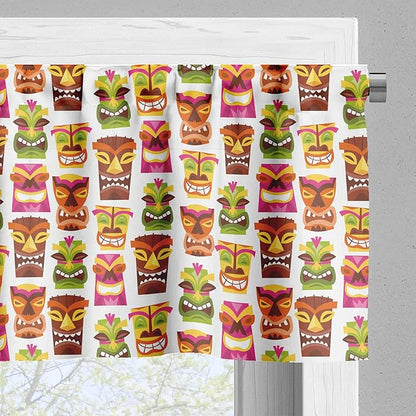 Ambesonne Tiki Bar Valance & Tier Curtain 3 pcs Set, Sixties Retro Inspired Hawaiian Party Happy Tiki Pattern Colorful, Window Treatments for Kitchen Room Decor, 55" x 36", White Brown