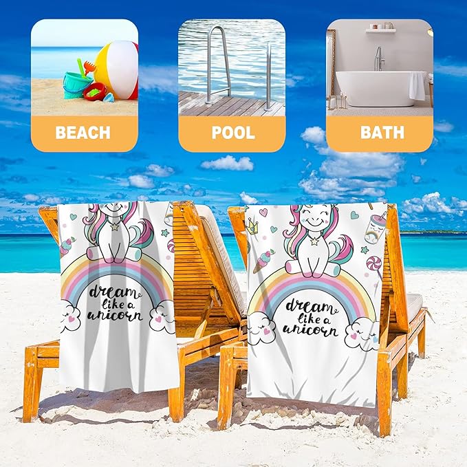 Microfiber Beach Towel, Cute Dream Unicorn on a Rainbow Beach Towels for Women Men, Extra Large 29.5” X 59”, Quick Drying Lightweight Sand Free Bath Swim Towel