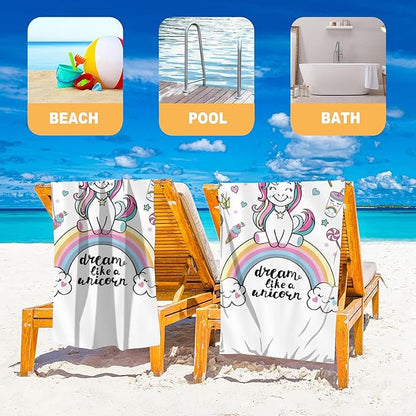 Microfiber Beach Towel, Cute Dream Unicorn on a Rainbow Beach Towels for Women Men, Extra Large 29.5” X 59”, Quick Drying Lightweight Sand Free Bath Swim Towel