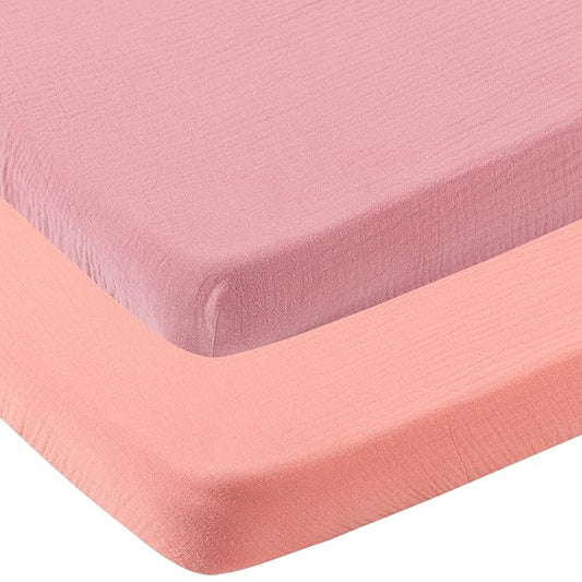 Muslin Pack n Play Sheets Soft Breathable 100% Cotton Mini Crib Fitted Sheets Portable/Convertible Playard Mattress Cover 2 Pack for Baby Girl, Pink and Pastel Violet