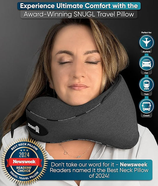 SNUGL Neck Travel Pillow - Memory Foam Airplane Pillow - Flight Pillow | Neck Support Travel Pillow with Carry Bag & Clip | Neck Pillows for Sleeping Travel Plane | Flying Travel Essentials, Dark Grey