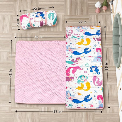 Nap Mat- Toddler Nap Mat with Pillow & Fleece Blanket- 55''*35''*3'' Nap Mat for Toddlers- Nap Mats for Preschool, Daycare