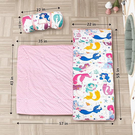 Nap Mat- Toddler Nap Mat with Pillow & Fleece Blanket- 55''*35''*3'' Nap Mat for Toddlers- Nap Mats for Preschool, Daycare