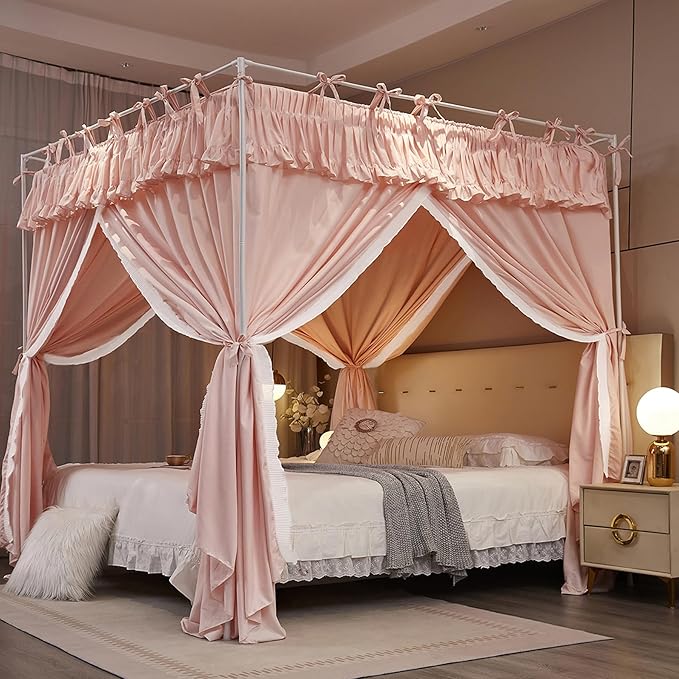4 Corners Post Princess Ruffle Curtain Bed Canopy Lace Up Elastic Cozy Breathable Tent Mosquito Net for Girls Bedroom Decoration(Pink, 47-53" W*78" L*82"*H/Full)