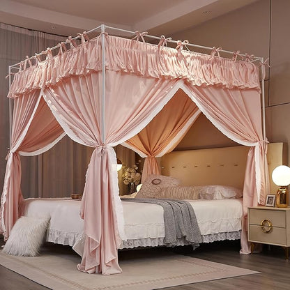 4 Corners Post Princess Ruffle Curtain Bed Canopy Lace Up Elastic Cozy Breathable Tent Mosquito Net for Girls Bedroom Decoration(Pink, 47-53" W*78" L*82"*H/Full)