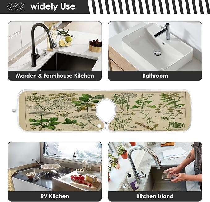 Kitchen Faucet Absorbent Mat, Antique Botanical Water Splash Guard for Sink, Faucet Drip Catcher Thicken Sponge Microfiber Faucet Water Catcher Mat Sink Absorbent Mat for Kitchen 14x5in 2 Pack