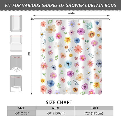 Boho Floral Shower Curtain, Spring Colorful Botanical Flower Leaves Bohemian Fabric Shower Curtain Set with 12 Hooks, Bathroom Bathtub Accessories Decor Cloth Curtain 60x72 Inches