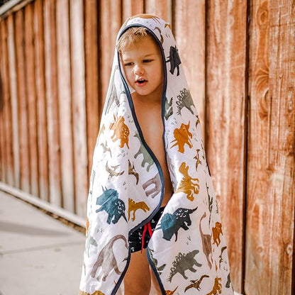Little Unicorn Cotton Muslin & Terry Hooded Towel, Larger Size 1-6 Years (Dino Friends)