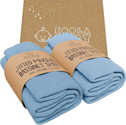 Bassinet Fitted Sheets - Compatible with Ingenuity Foldaway Rocking & Lullanight Soothing | 100% Organic Muslin Cotton - Light Blue + Dark Blue | 32x19 (2 Pack)