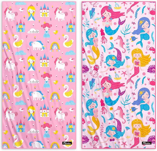 Kids Beach Towels 2 Pack 60''x30'', Quick Dry, Sand Free, Compact, Lightweight, Absorbent, Girls & Boys Large Microfiber Towels Gifts for Pool, Swim, Cruise Essentials