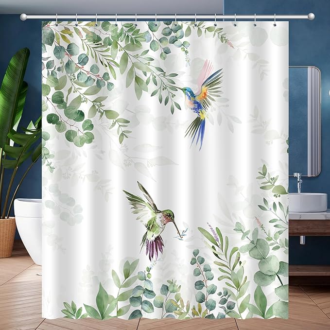 Hummingbird Sage Green Eucalyptus Leaves Shower Curtain, Spring Summer Botanical Floral Bird Home Bathroom Decor, Polyester Cotton Fabric Waterproof Modern Bath Curtain with 12 Hooks 60x72 Inches