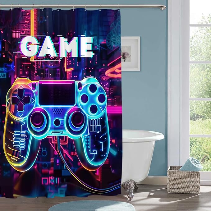 Video Game Shower Curtain Gaming Gamepad Controller Shower Curtains for Bathroom Decor Waterproof Polyester Fabric Gamer Bathroom Curtain with Hooks 55x72 Inch