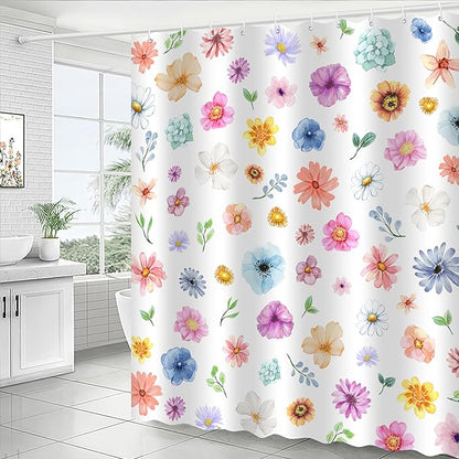 Boho Floral Shower Curtain, Spring Colorful Botanical Flower Leaves Bohemian Fabric Shower Curtain Set with 12 Hooks, Bathroom Bathtub Accessories Decor Cloth Curtain 60x72 Inches