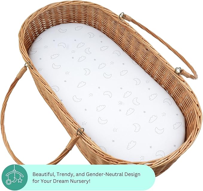 TansyPanda Bassinet Sheets for Baby Delight Snuggle Nest, Chicco LullaGo, Fisher Price, Snoo Smart, 3PC, 18 x 30 Inch, Ultra Soft, Breathable, Snug Fit, Unisex Boys, Girls (Moon, Stars, Clouds)