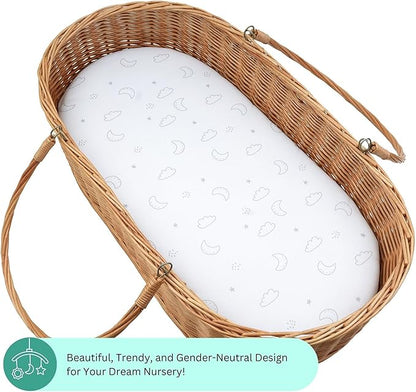 TansyPanda Bassinet Sheets for Baby Delight Snuggle Nest, Chicco LullaGo, Fisher Price, Snoo Smart, 3PC, 18 x 30 Inch, Ultra Soft, Breathable, Snug Fit, Unisex Boys, Girls (Moon, Stars, Clouds)