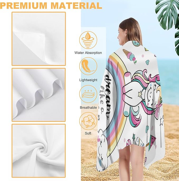 Microfiber Beach Towel, Cute Dream Unicorn on a Rainbow Beach Towels for Women Men, Extra Large 29.5” X 59”, Quick Drying Lightweight Sand Free Bath Swim Towel