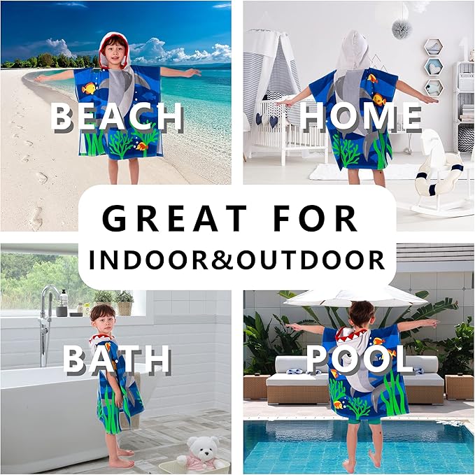 Kids Hooded Beach Bath Towel, Baby Surf Poncho Toddlers Soft Real Cotton Wrap Hooded Towels for Kids Boy Girl