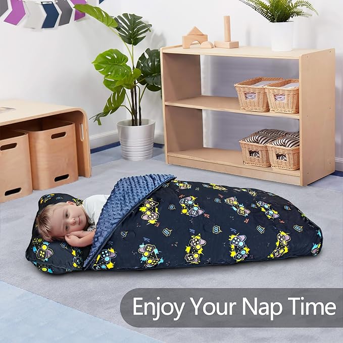 Nap Mat- Toddler Nap Mat with Pillow & Fleece Blanket- 55''*35''*3'' Nap Mat for Toddlers- Nap Mats for Preschool, Daycar