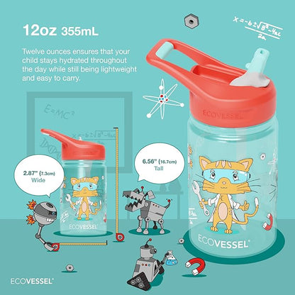 EcoVessel SPLASH Tritan Plastic Kids Water Bottle with Straw, Leak Proof Flip Top Lid, and Carry Handle Kids Cups Sports Water Bottle 12 oz (Unicorn)