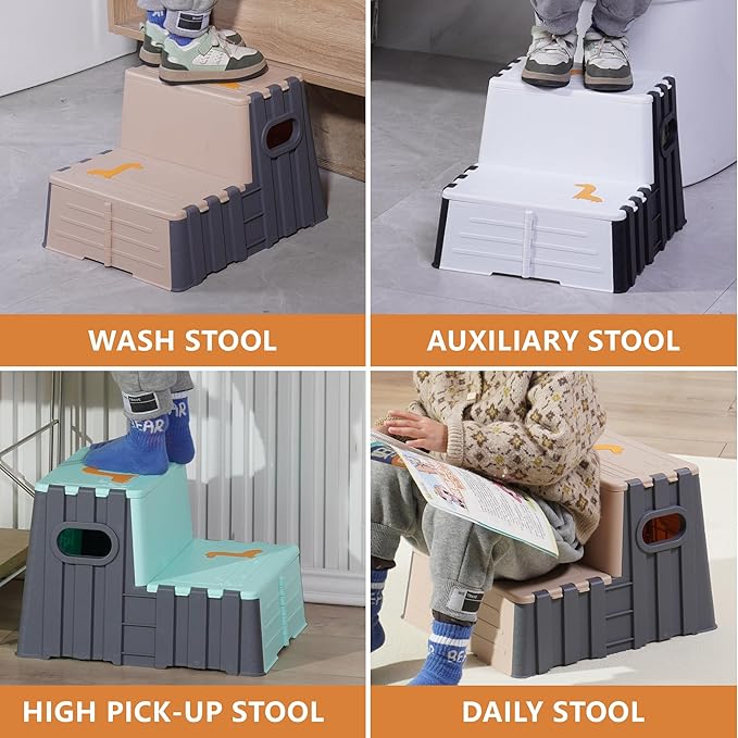 Toddler Step Stool,Anti-Slip Sturdy 2 Step Folding Stools for Kids for Bathroom Toilet Potty Training（Black and White）