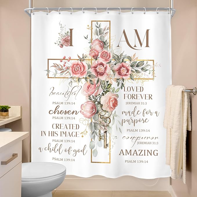 MESHELLY Pink Floral Shower Curtain 60Wx72H Christian Shower Curtain Rustic Farmhouse Bible Verse Cross Bathroom Curtain Motivational Quote Country Bath Curtain Fabric Bathroom Decor with 12 Hooks