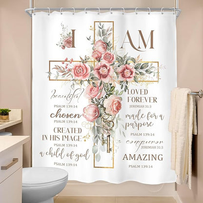 MESHELLY Pink Floral Shower Curtain 60Wx72H Christian Shower Curtain Rustic Farmhouse Bible Verse Cross Bathroom Curtain Motivational Quote Country Bath Curtain Fabric Bathroom Decor with 12 Hooks