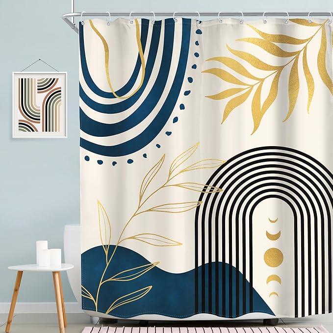 MESHELLY Navy Blue Boho Shower Curtain 60Wx72H Gold Leaves Moon Phase Minimalist Arch Bathroom Curtain Modern Bath Curtain Cloth Fabric Abstract Mid Century Bathroom Accessories Decor with 12 Hooks
